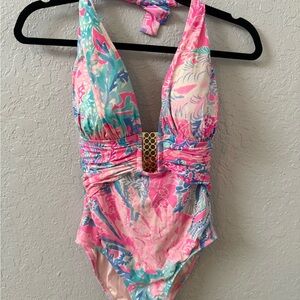 Lilly Pulitzer Pink and Blue One Piece Swimsuit with Plunging V-neckline